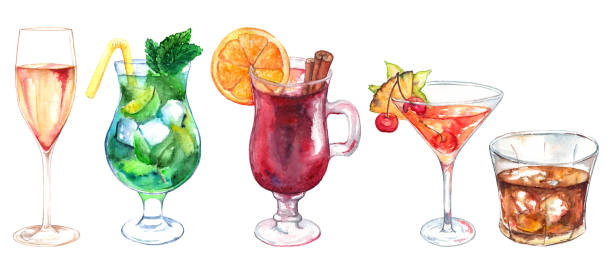 illustrazioni stock, clip art, cartoni animati e icone di tendenza di acquerello esotico bevanda alcol cocktail set isolato - cocktail illustrazioni