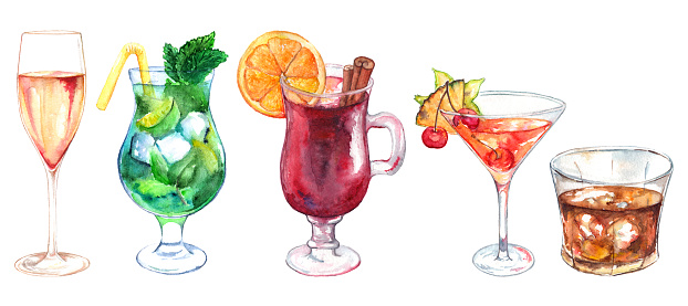 Watercolor exotic drink alcohol cocktail set isolated.