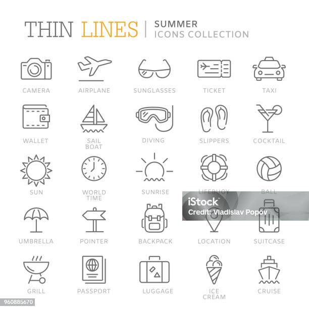 Collection Of Summer Thin Line Icons Stock Illustration - Download Image Now - Icon Symbol, Travel, Thin Line Illustration
