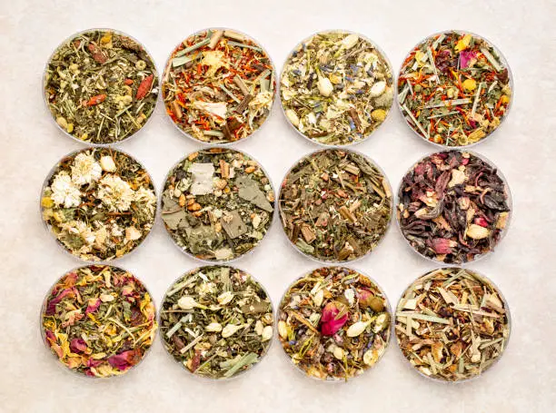 collection of twelve herbal blend Chinese tea in round bowls (Petri dish), top view on a ceramic tile