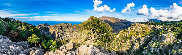 Panorama view of idyllic mountain landscape of Sierra de Tramuntana on Mallorca Island, Spain