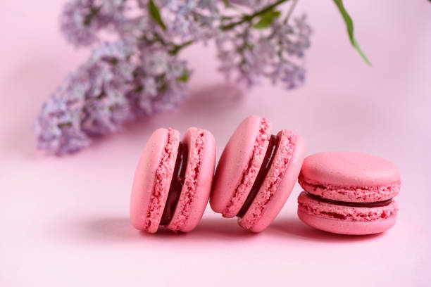 istock Selective focus three pink macaroons and a lilac branch 960897694
