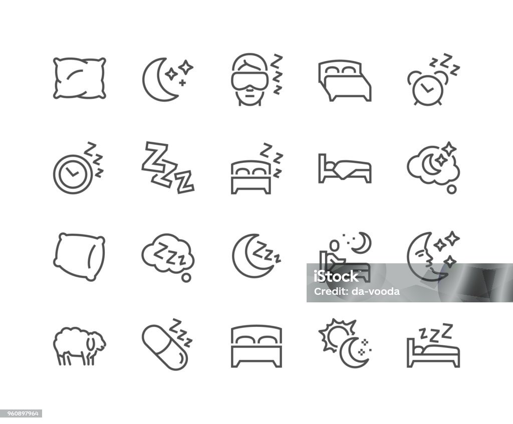 Line Sleep Icons Simple Set of Sleep Related Vector Line Icons. Contains such Icons as Insomnia, Pillow, Sleeping Pills and more. Editable Stroke. 48x48 Pixel Perfect. Icon Symbol stock vector