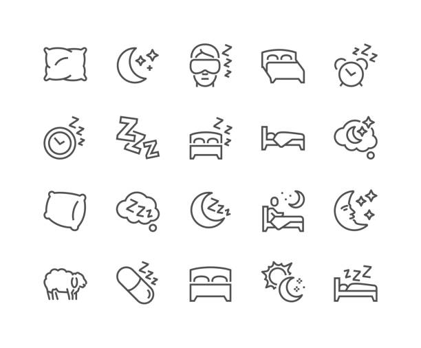 Line Sleep Icons Simple Set of Sleep Related Vector Line Icons. Contains such Icons as Insomnia, Pillow, Sleeping Pills and more. Editable Stroke. 48x48 Pixel Perfect. resting illustrations stock illustrations