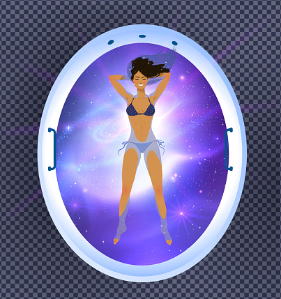 Top view vector illustration of young woman resting in floating tank with outer space isolated on transparency background.