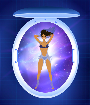 Top view vector illustration of young woman resting in floating tank with outer space background.
