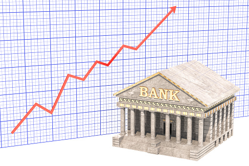 Analytical banking concept, bank building with growing chart. 3D rendering