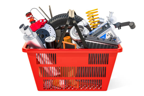 istock Shopping basket with car parts, 3D rendering isolated on white background 960901968
