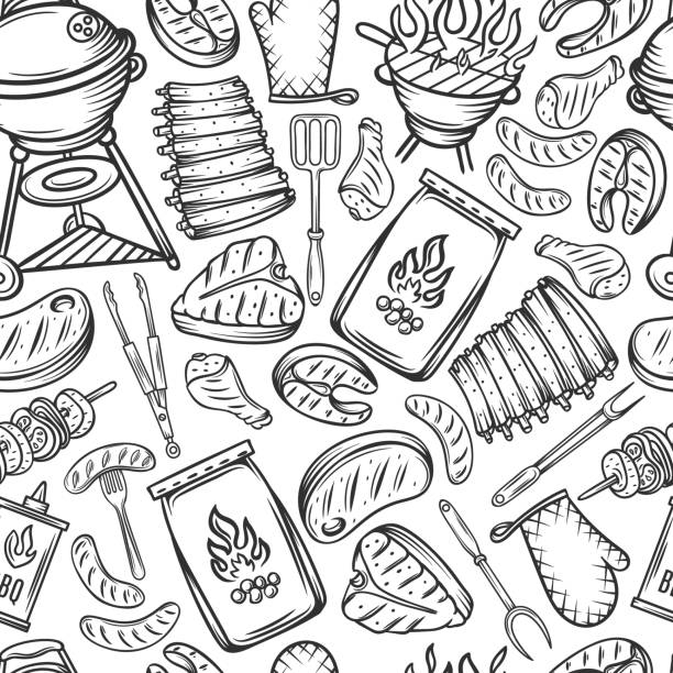 Barbecue seamless pattern Barbecue seamless pattern. Background BBQ party with hand drawn meat, chicken, fish, sausage and tools. Vector hand drawn sketch illustration meat designs stock illustrations