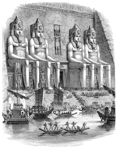 illustrations, cliparts, dessins animés et icônes de temple d’abou simbel avec illustration de cérémonie religieuse égyptienne 1880 - ramsès ii