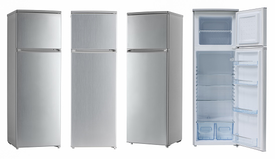 modern household refrigerator color light metallic, four angles, isolated.