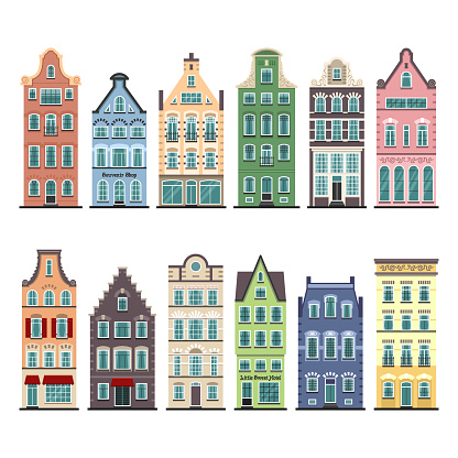 Set of 12 Amsterdam old houses cartoon facades. Traditional architecture of Netherlands. Colorful flat isolated illustrations in the Dutch style.