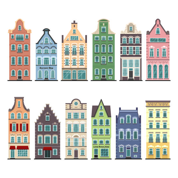 Set of 12 Amsterdam old houses cartoon facades Set of 12 Amsterdam old houses cartoon facades. Traditional architecture of Netherlands. Colorful flat isolated illustrations in the Dutch style. dutch architecture stock illustrations