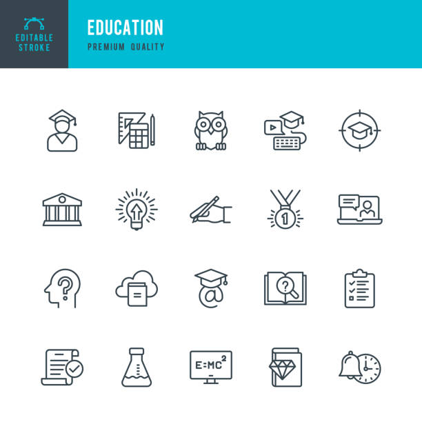 ilustraciones, imágenes clip art, dibujos animados e iconos de stock de educación - conjunto de iconos de vector línea - buho