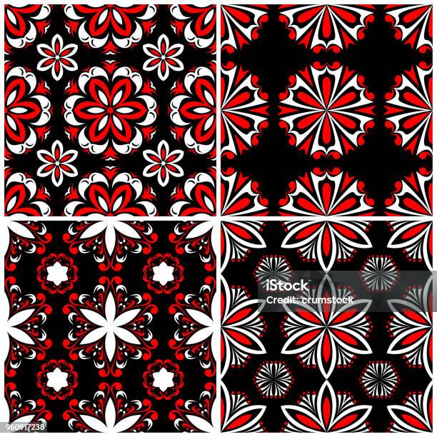 Nahtlose Hintergründe Schwarz Weiß Und Rot Klassischen Sets Mit Floralen Mustern Stock Vektor Art und mehr Bilder von Abstrakt