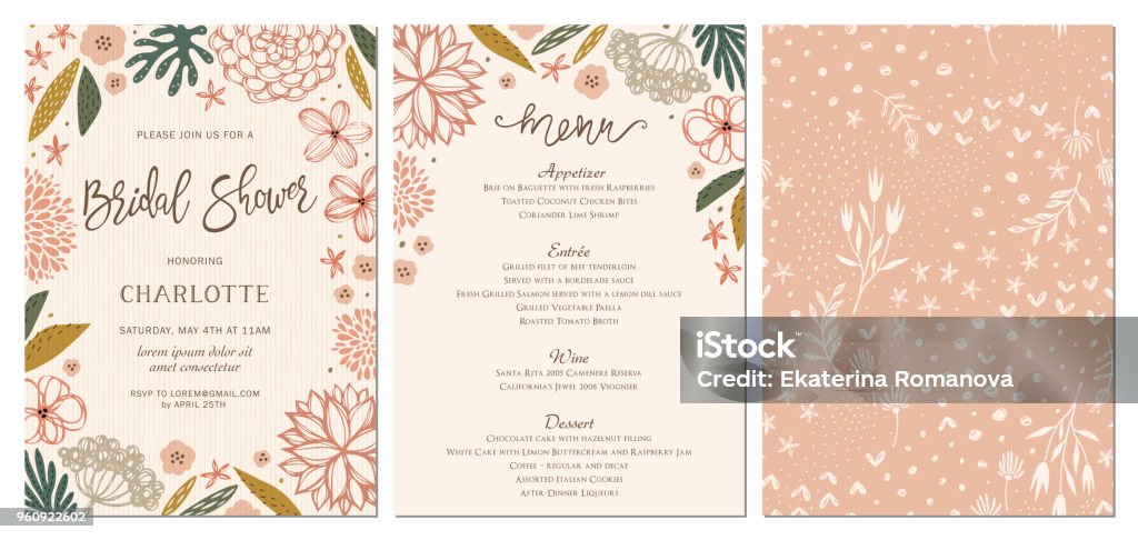 Invitation and Card Design Set_14 Rustic hand drawn Bridal Shower invitation and menu with seamless background. Vector illustration. Backgrounds stock vector