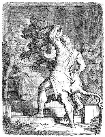 The most dangerous labor of all was the twelfth and final one. Eurystheus ordered Hercules to go to the Underworld and kidnap the beast called Cerberus (or Kerberos)
Cerberus was a vicious beast that guarded the entrance to Hades and kept the living from entering the world of the dead.
Drawing : Carl Bertling
Source : Illustrierte Geschichte 1880
