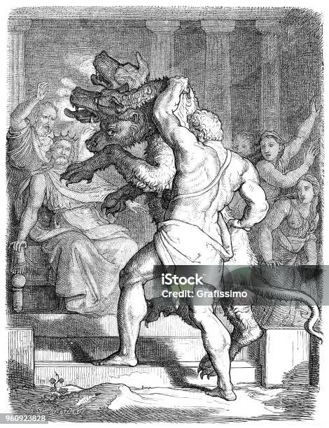 Hercules Kidnapping Fighting With Cerberus At Tartaros Illustration 1880 Stock Illustration - Download Image Now