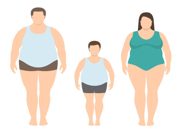 ilustraciones, imágenes clip art, dibujos animados e iconos de stock de hombre gordo, mujer y niño en estilo plano. ilustración de vector de familia obesa. - alimento genéticamente modificado