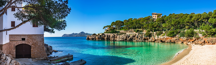 Panoramic view of idyllic bay beach Cala Gat on Majorca, Spain Balearic Islands