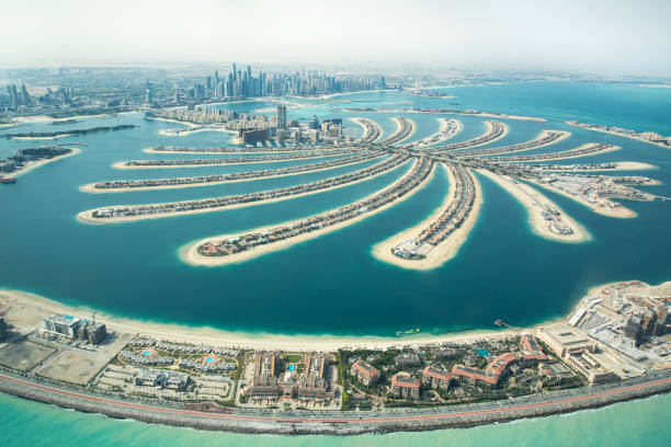 luftaufnahme der palm jumeirah mann insel gemacht. - dubai beach hotel skyline stock-fotos und bilder