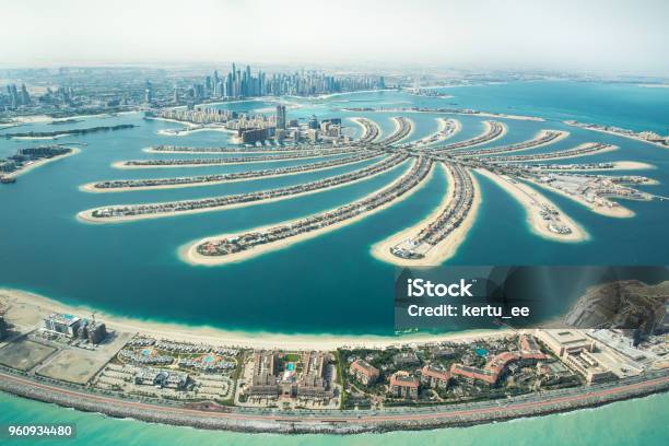 Aerial View Of Palm Jumeirah Man Made Island Stock Photo - Download Image Now - Dubai, Aerial View, Beach
