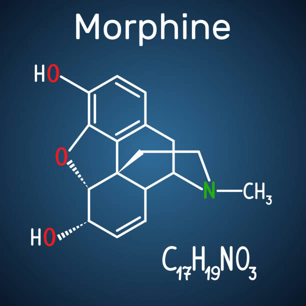 ilustraciones, imágenes clip art, dibujos animados e iconos de stock de molécula de morfina. es un medicamento para el dolor de los opiáceos. modelo estructural fórmula química y molécula sobre el fondo azul oscuro - morpheus