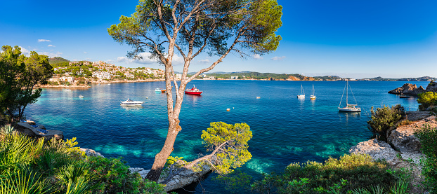 Seascape panorama on Majorca island, beautiful coast of Cala Fornells, Spain Mediterranean Sea