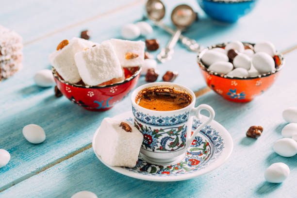turkish coffee and turkish delights - turkish delight imagens e fotografias de stock
