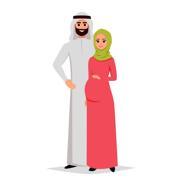 ilustraciones, imágenes clip art, dibujos animados e iconos de stock de feliz arabia saudita hombre y la mujer embarazada están abrazando. - enfold