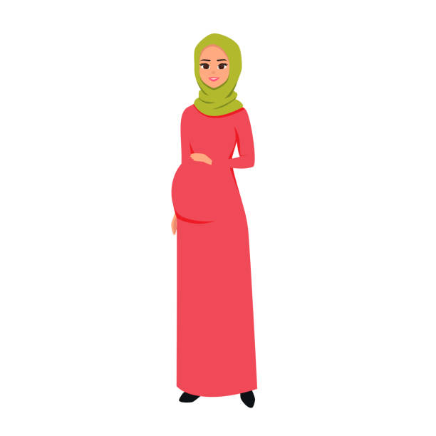 Vector cartoon Arab character Happy Saudi pregnant woman. Vector cartoon Arab character Happy Saudi pregnant woman. Moslem people in traditional clothing vector illustration. burka stock illustrations