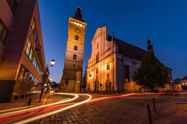 Cerna vez, Ceske Budejovice Black tower in downtown Ceske Budejovice at night cesky budejovice stock pictures, royalty-free photos & images