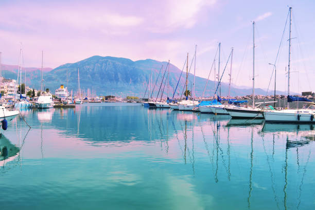 pink sunset landscape at Kalamata harbor Peloponnese Greece
