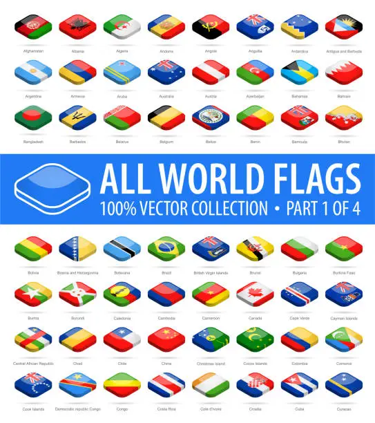 Vector illustration of World Flags - Vector Isometric Rounded Square Glossy Icons - Part 1 of 4