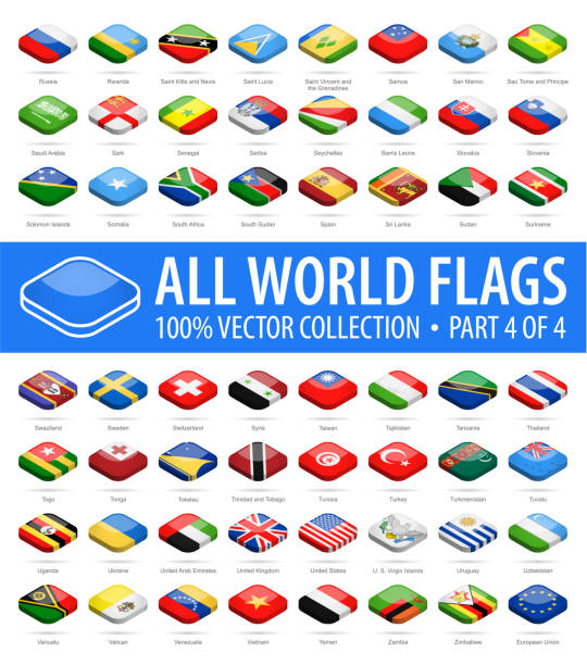세계 플래그-벡터 아이소메트릭 둥근 사각형 광택 아이콘-4의 부 4 - thailand thai flag flag push button stock illustrations