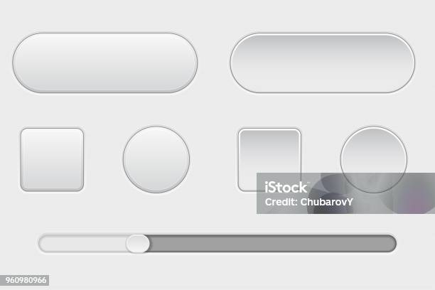 Set Of White Plastic Buttons Normal And Pushed With Slider Bar Web Interface Buttons Stock Illustration - Download Image Now