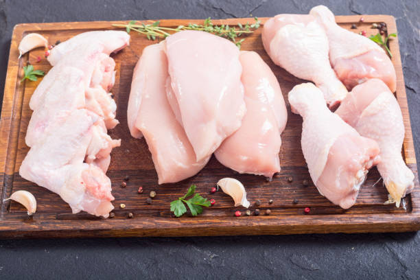 Raw chicken meat Raw chicken meat on cutting board . Legs , wings and breast drumstick stock pictures, royalty-free photos & images