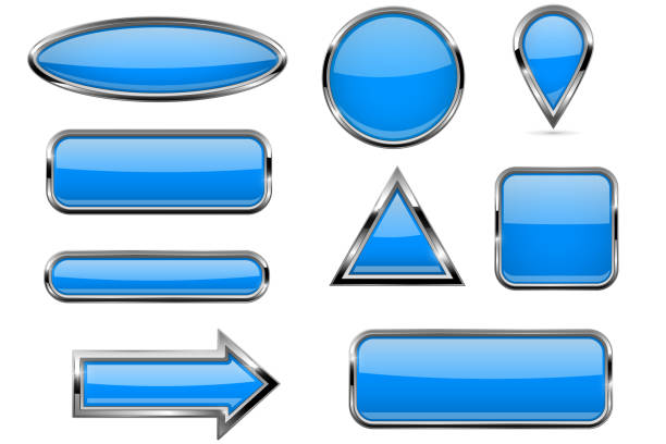 ilustrações de stock, clip art, desenhos animados e ícones de buttons set. blue shiny 3d icons - shape rectangle chrome interface icons