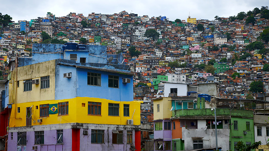 Aerial view of Rio's Rocinha favela, on a sunny afternoon.