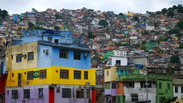 Photo of Aerial view of Rio's Rocinha favela, on a sunny afternoon.