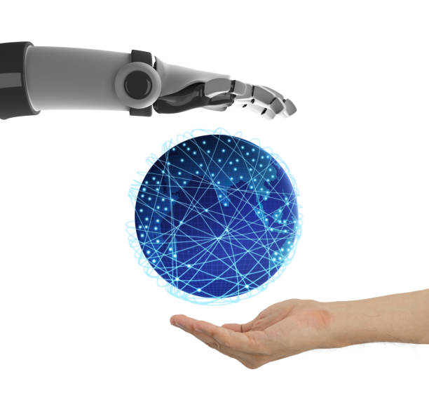 istock Human hand and robot's hand holding the planet earth, artificial intelligence in futuristic technology concept, 3d illustration 960988636
