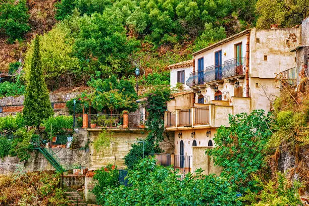 Beautiful landscape with Savoca village in the mountains, Sicily island, Italy