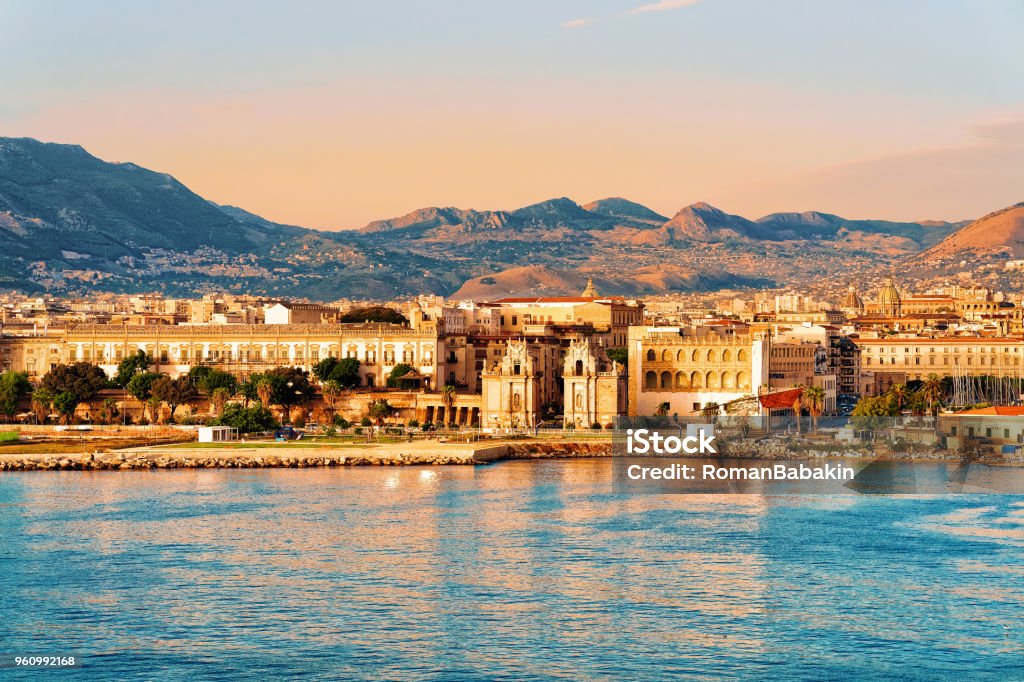 Sunrise at Mediterranian sea Sicily Palermo old city Sunrise at the Mediterranian sea and Palermo old city, Sicily island in Italy Palermo - Sicily Stock Photo