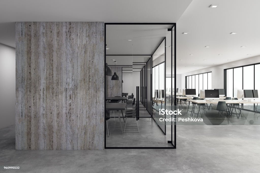 Modern coworking office with copyspace Modern coworking office interior with copy space on wall. Mock up, 3D Rendering Office Stock Photo