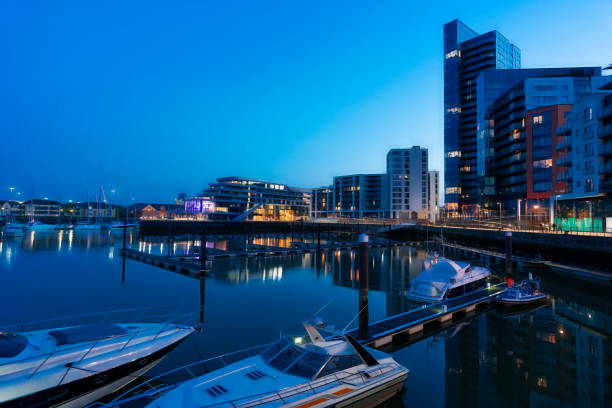 Ocean Village Marina Waterfront Early nightfall at Ocean Village Marina in Southampton, UK southampton england photos stock pictures, royalty-free photos & images