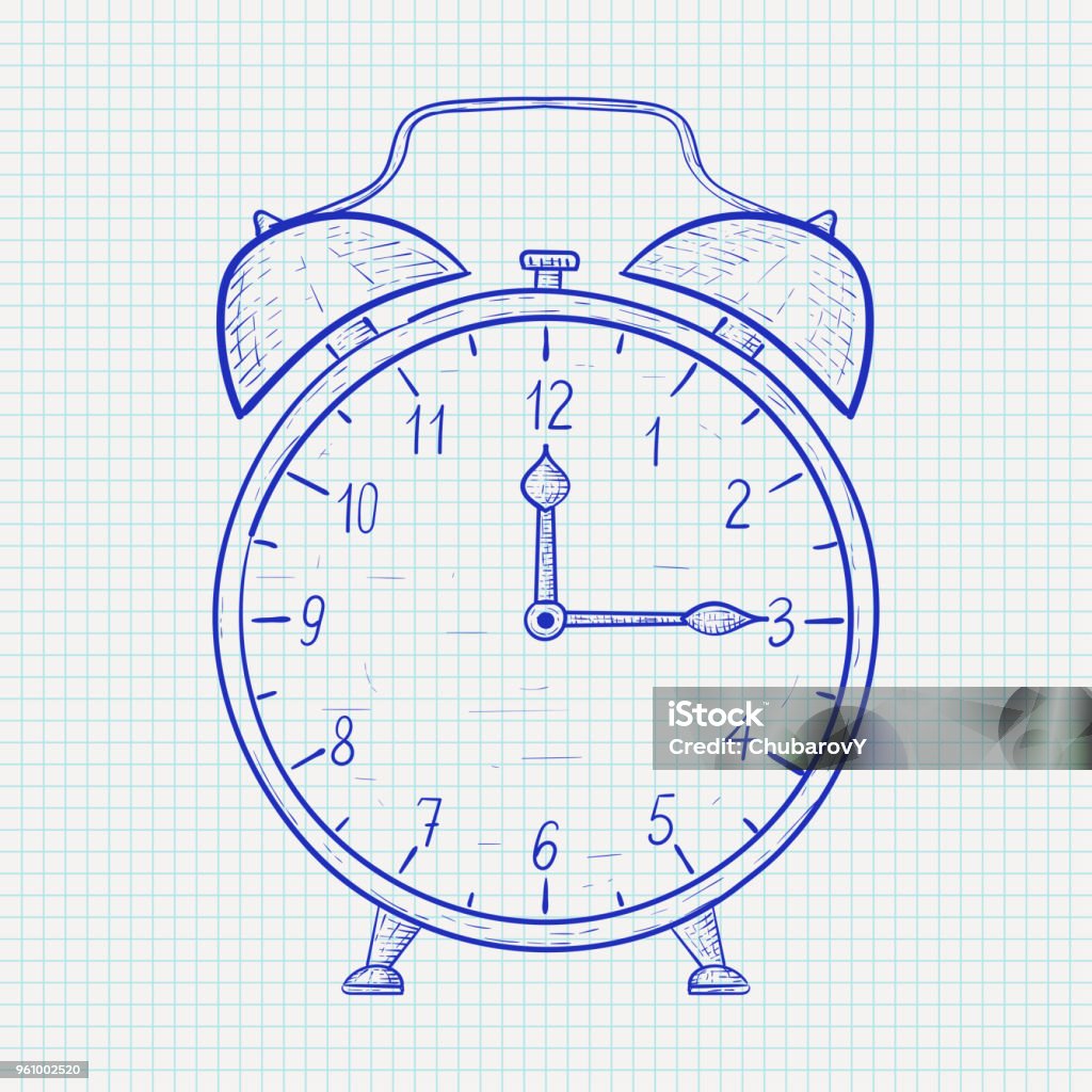 Retro alarm clock. Hand drawn sketch on lined paper. Quarter past twelve Retro alarm clock. Hand drawn sketch on lined paper. Quarter past twelve. Vector illustration 12 O'Clock stock vector