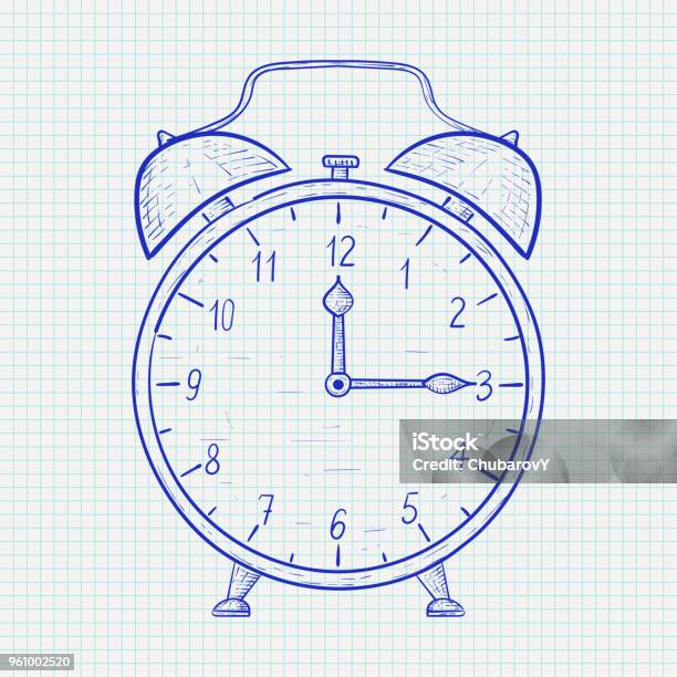 Retro Alarm Clock Hand Drawn Sketch On Lined Paper Quarter Past Twelve Stock Illustration - Download Image Now