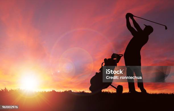 Golfer Silhouette During Sunset With Copy Space Stock Photo - Download Image Now - Golf, Sunset, Golfer