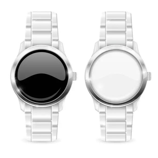 Vector illustration of Men watch with metal bracelet. White and black empty clockface