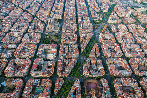 Aerial view of Barcelona Eixample residencial district with famous urban grid, Spain
